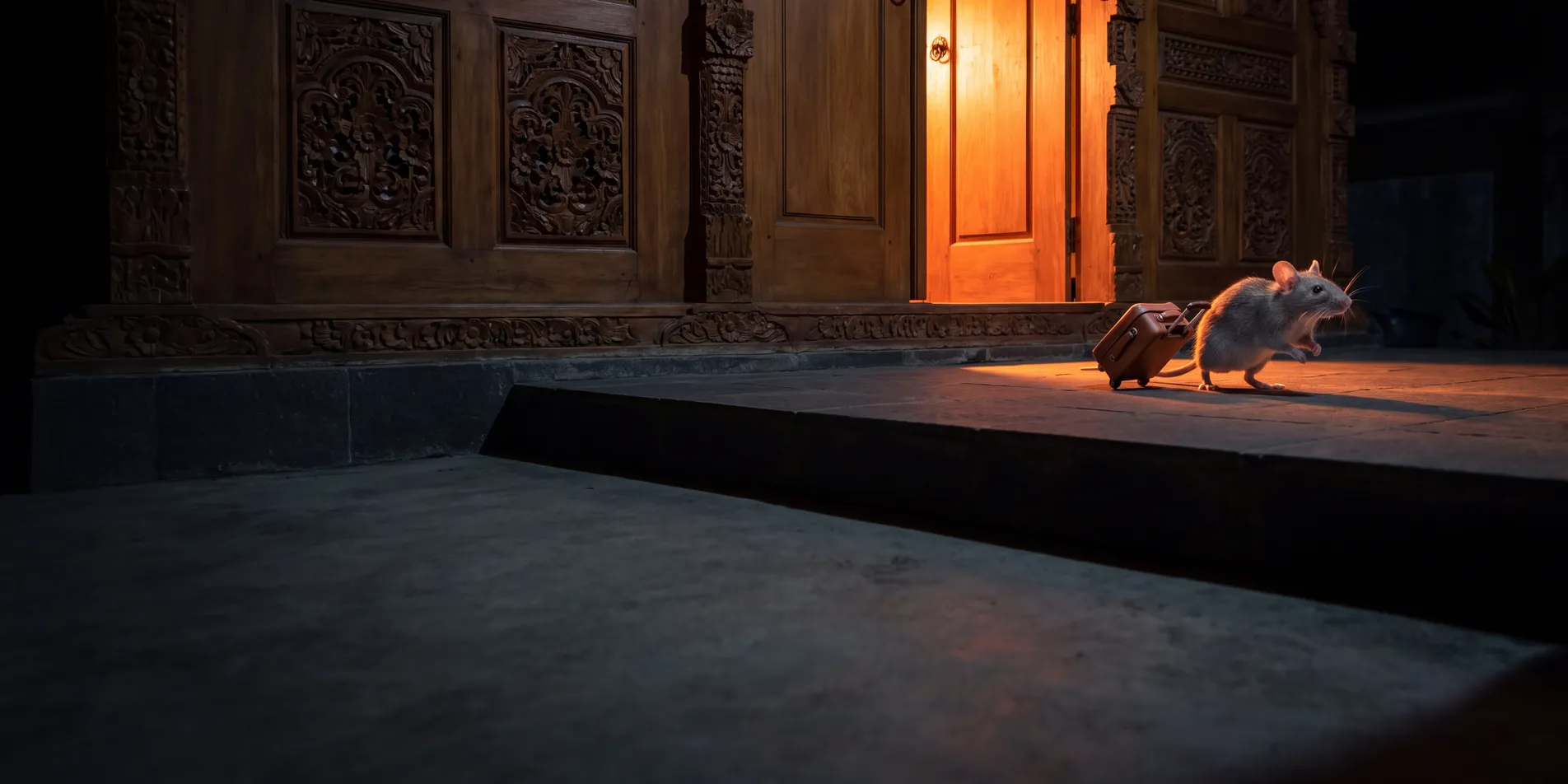 Tikus kecil menyeret koper keluar dari pintu rumah pada malam hari
